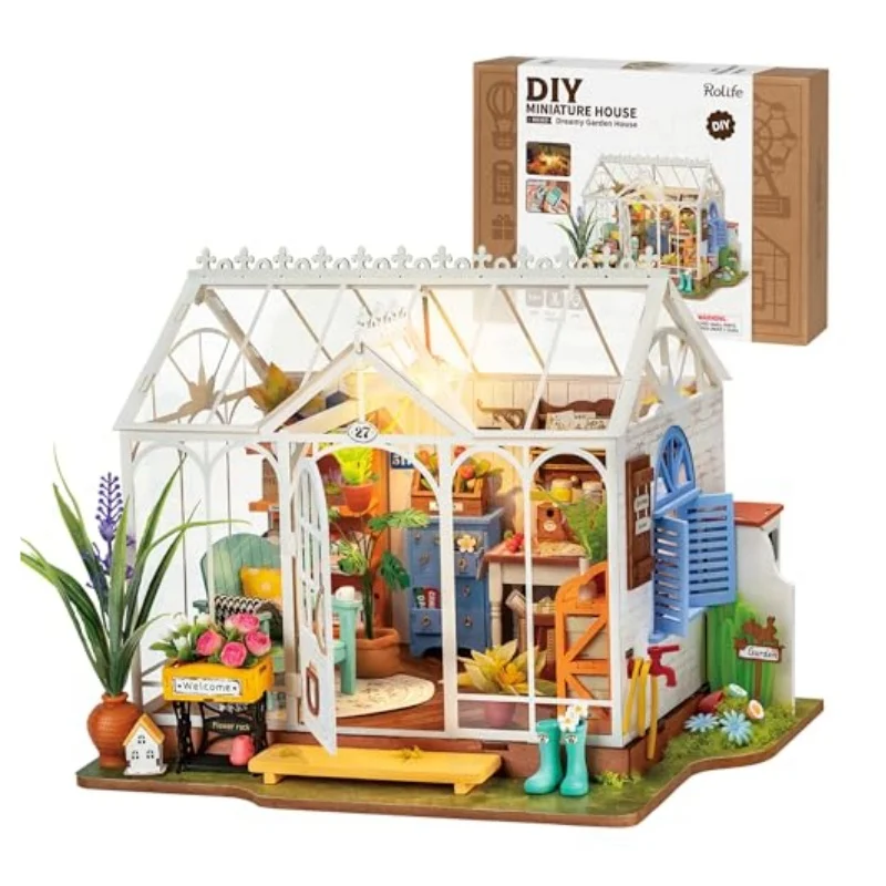 

Robotime DIY Miniature House Kit Garden House Wooden Dollhouse Model Building Kit with LED for Adults and Children