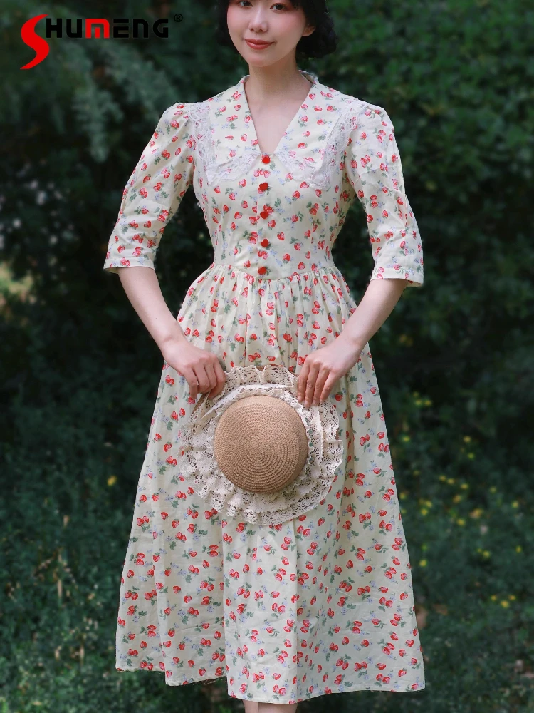 

French Elegant Retro Long Dresses Summer Women's High Waist Slimming Lolita Style Short Sleeve Dress Princess Tea Party Dress