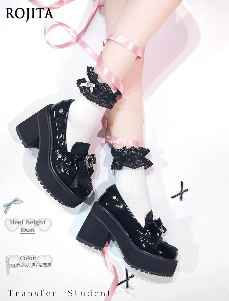 

Kawaii Bow Rhinestone Detail Lolita Heels Glossy Patent Leather Thick Platform Block Heel Preppy Loafer Shoes