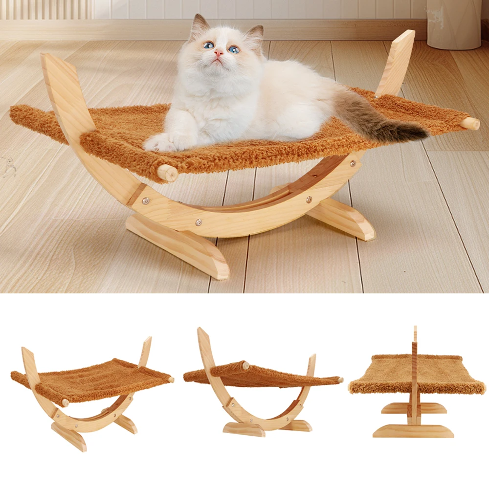 

Cat Hammock Hanging Cat Bed Plush Mat Bed Floor Type Wooden Elevated Pet Beds for Indoor Cats Supplies Pet Furniture Accessories