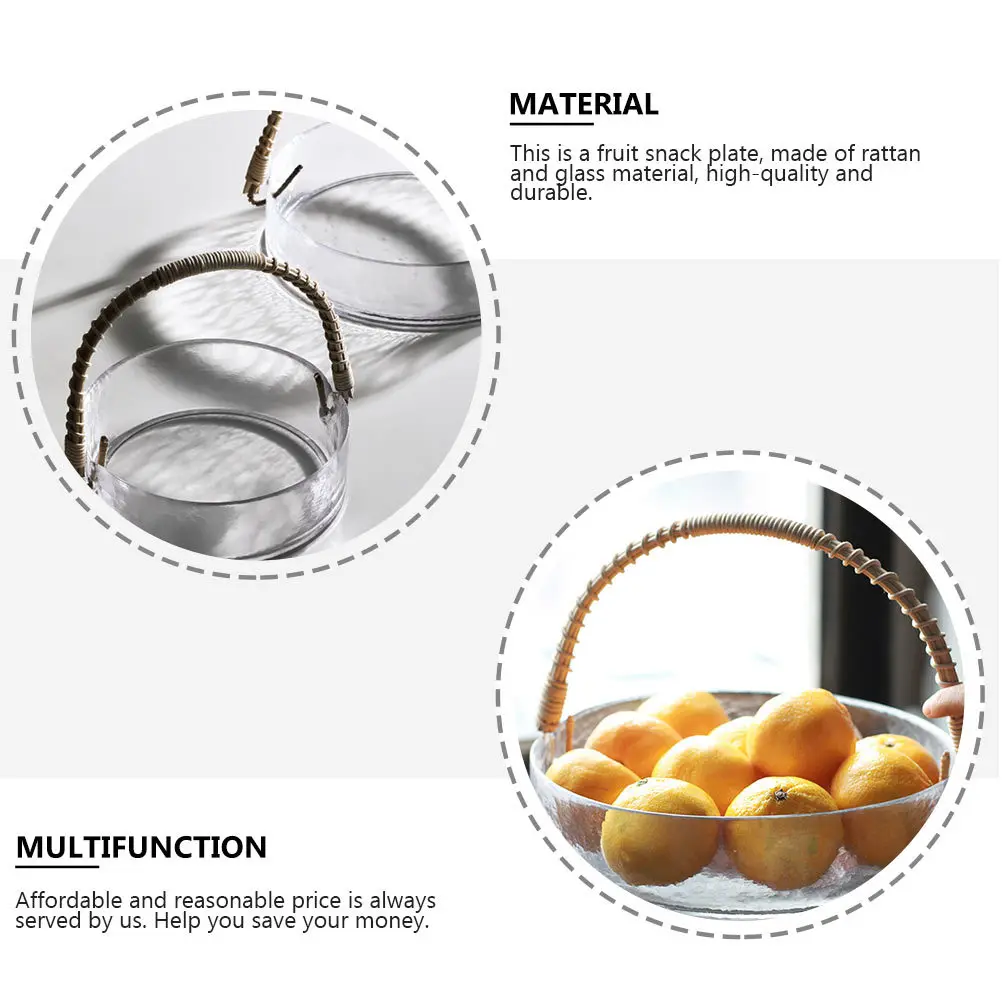 

1Pcs Fruit Basket Rattan Handle Glass Snack Plate for Candies Nuts Chocolate Dessert Serving Tray Storage Container Organzier
