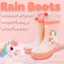 Children's Rain Boots Waterproof Non-slip Cute Cartoon Pink Unicorn Rubber Rain Boots Bundle Mouth，Suitable for All Seasons