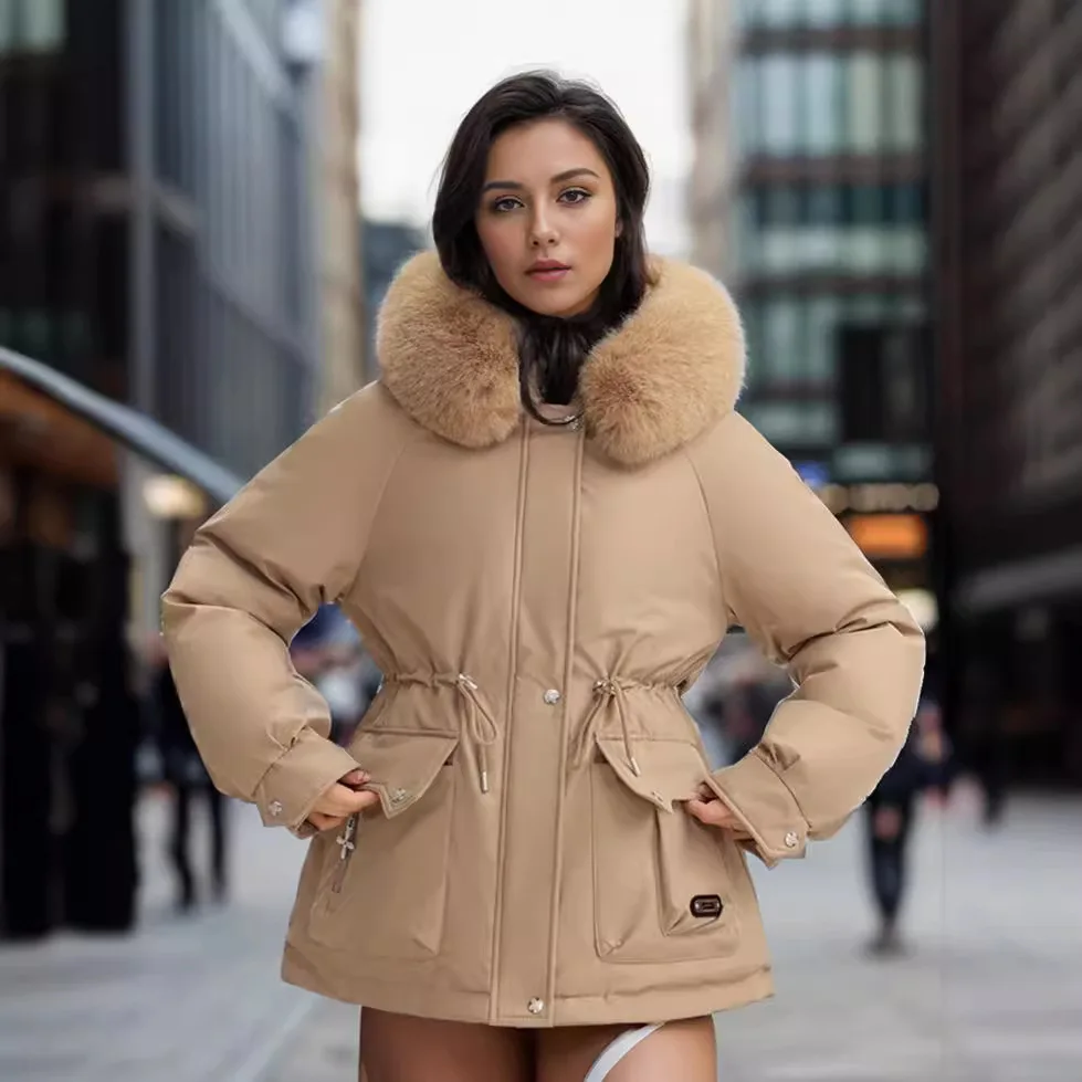 Casaco de inverno de pique engrossado feminino cintura emagrecimento com capuz jaqueta de algodão quente com gola de lã grande na moda