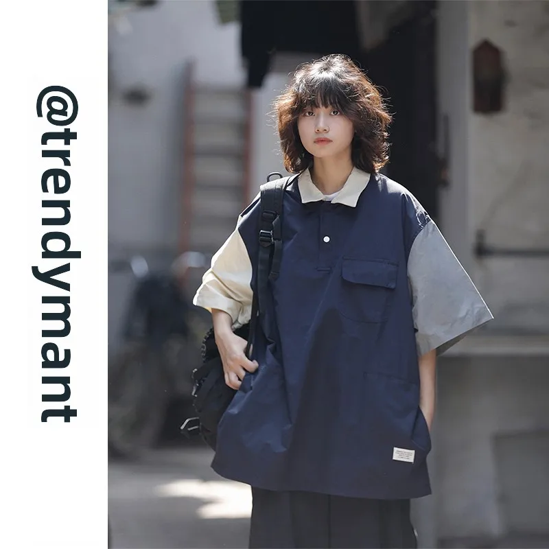 

Summer Loose Fit ort Sve irt Retro Patchwork Couple Sle Casual Workwear Polyester Cotton Blend Unironed