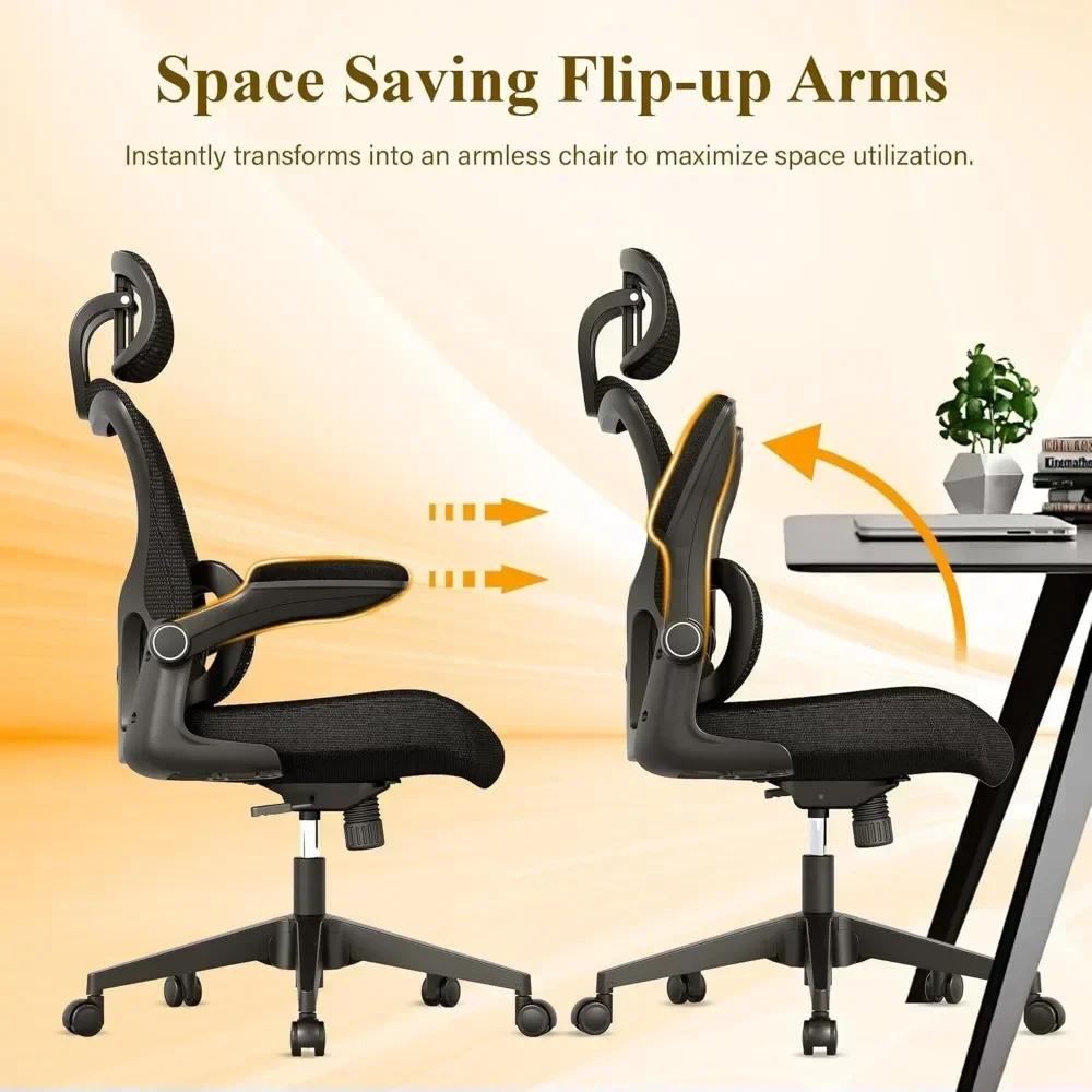 Ergonômico Mesh cadeira de escritório, encosto alto cadeira de mesa, apoio lombar ajustável, Flip-Up braços, roda giratória rolamento