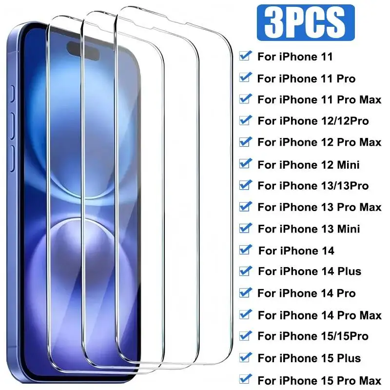 

3Pcs Tempered Glass 14 13 12 11 Mini X XS XR 15 Plus Screen Protectors Film For Iphone 16 Pro Max 16E