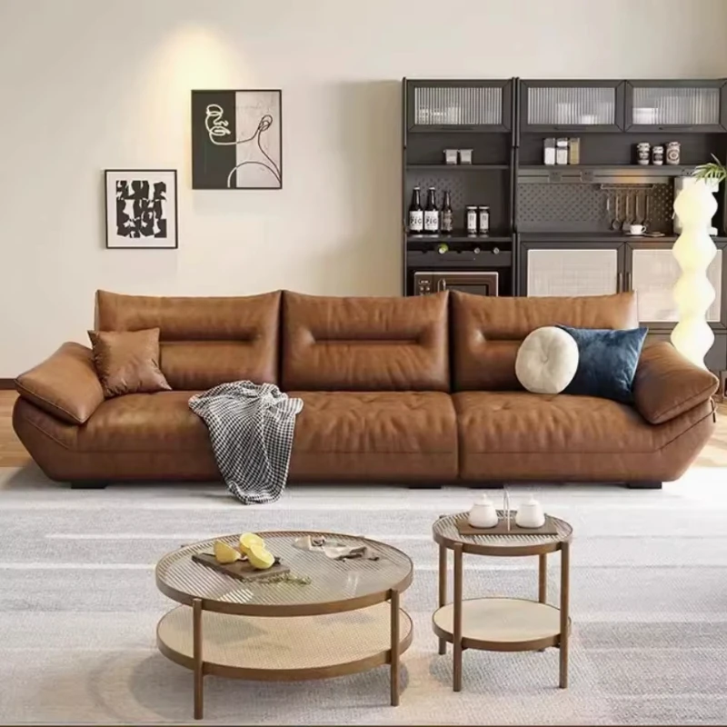 Italian simple light luxury leather combination sofa modern design adjustable armrest-free living room cowhide cover