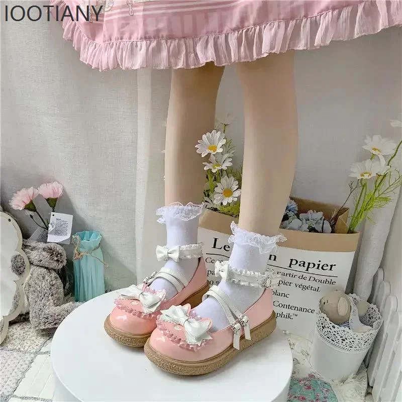 Damskie japońskie baleriny Mary Jane na średnim obcasie, buty Lolita ze skóry PU, wysokie obcasy, buty ślubne, do odgrywania ról, urocze buty cosplay z kokardą.