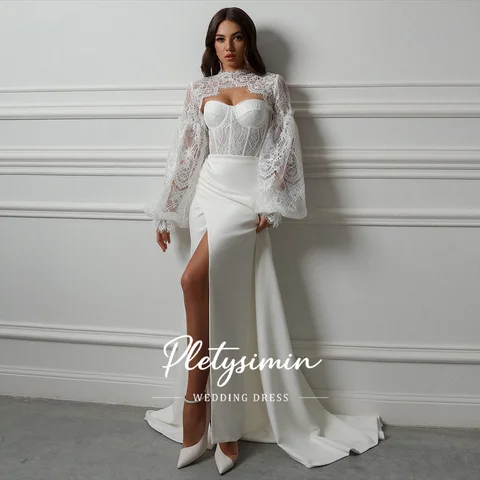 Romantic Lace Corset Mermaid Bridal Dress High Neck Puff Sleeves Ruched High Slit Crepe Civil Wedding Gown Vestido Novia Largo