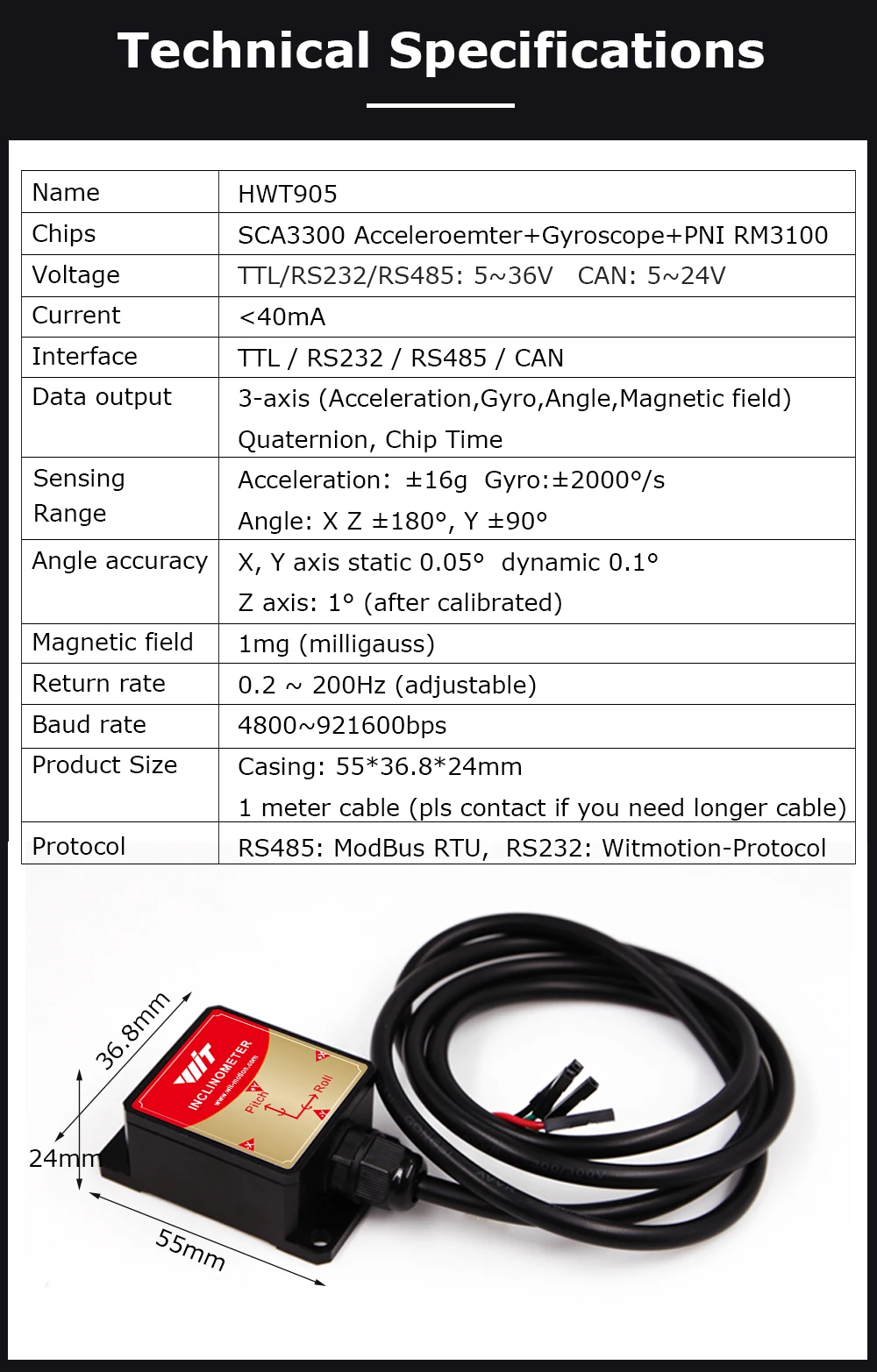 HWT905 IMU MEMS Highprecision Accelerometer+Gyro+Angle with Temperature&Magnetometer Compensation, IP67 waterproof  Inclinometer