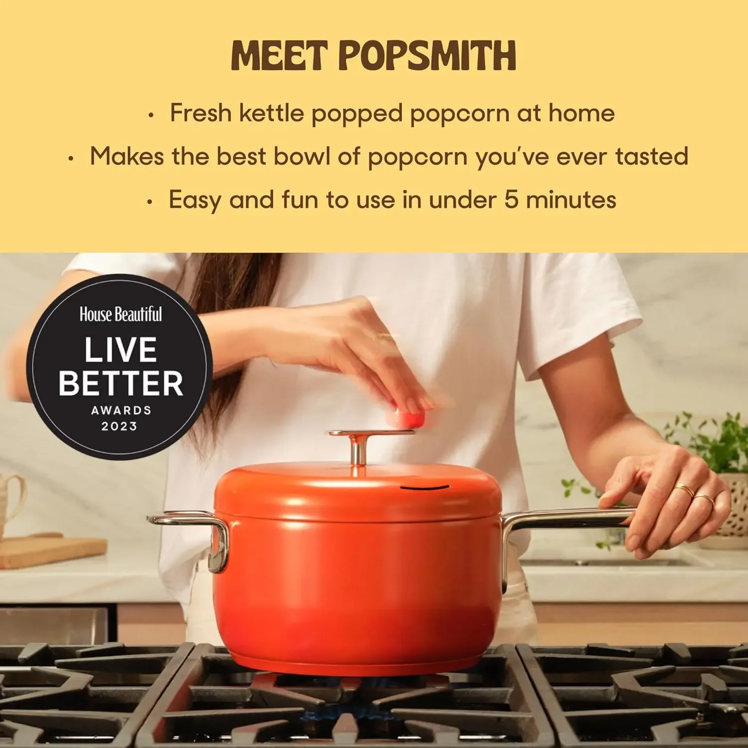 Popcorn Popper in Butter - 6 Quart Stovetop Popcorn Machine - Stainless Steel Popcorn Maker Compatible with All Stovetops