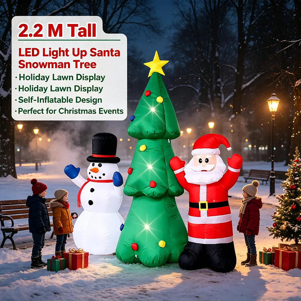 2.2M Inflatable Christmas Tree Combo with Santa & Snowman, Blow Up Yard Decor with LED Lights