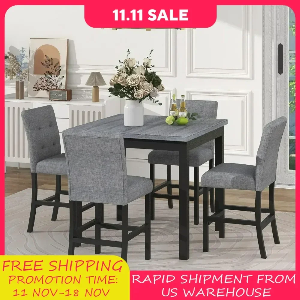 

Counter Height Dining Table Set for 4 High Top Square Kitchen Table and Chairs Dinning Room Pub Table and High-Back Chairs Set