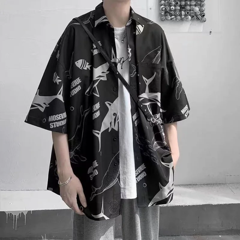 

Мужская одежда в стиле хип-хоп High Street, летние топы, свободные блузки с короткими рукавами и принтом, тонкая повседневная рубашка с короткими рукавами для мальчиков, мужская