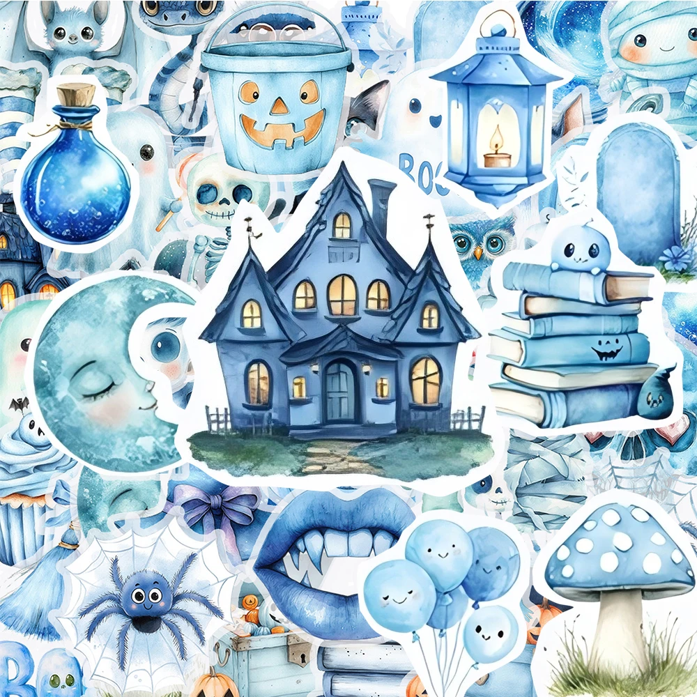 

10/30/50pcs Transparent Halloween Cartoon Stickers Blue Ghost Skull Decals Toy DIY Stationery Phone Cute Decoration Sticker Pack