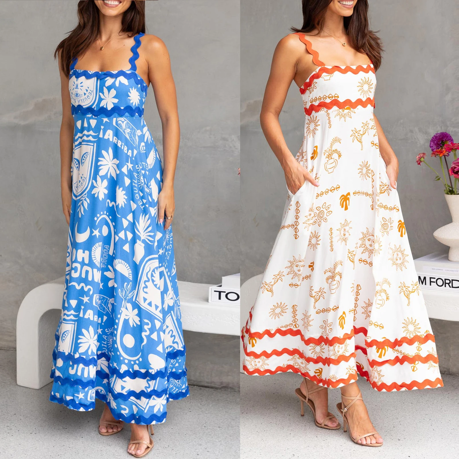 Strap Dress Summer Vacation Beach Long Sun Dress RIC Rac Floral Flowy Cami Maxi Dress