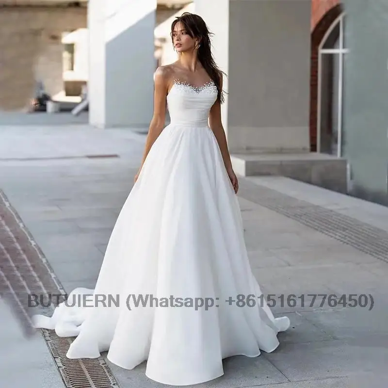 

Новое белое свадебное платье трапециевидной формы 2024, Vestidos De Novias, элегантное женское пляжное свадебное платье с бисером, без рукавов