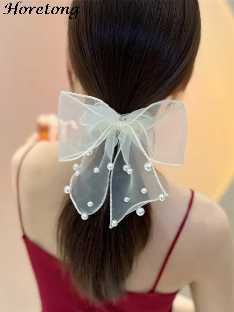 Horetong Mesh Big Bow Elastic Hair Band Ponytail Sweet Pearl Hairdressing Princess Rubber Band Elegant Korean Hair Accessories