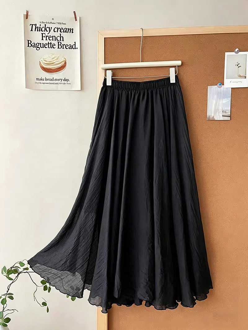 High-End Texture Asymmetrical Cotton Linen A-Line Midi Skirt Women Summer Autumn High Waist Versatile Long Skirt Casual Skin-...