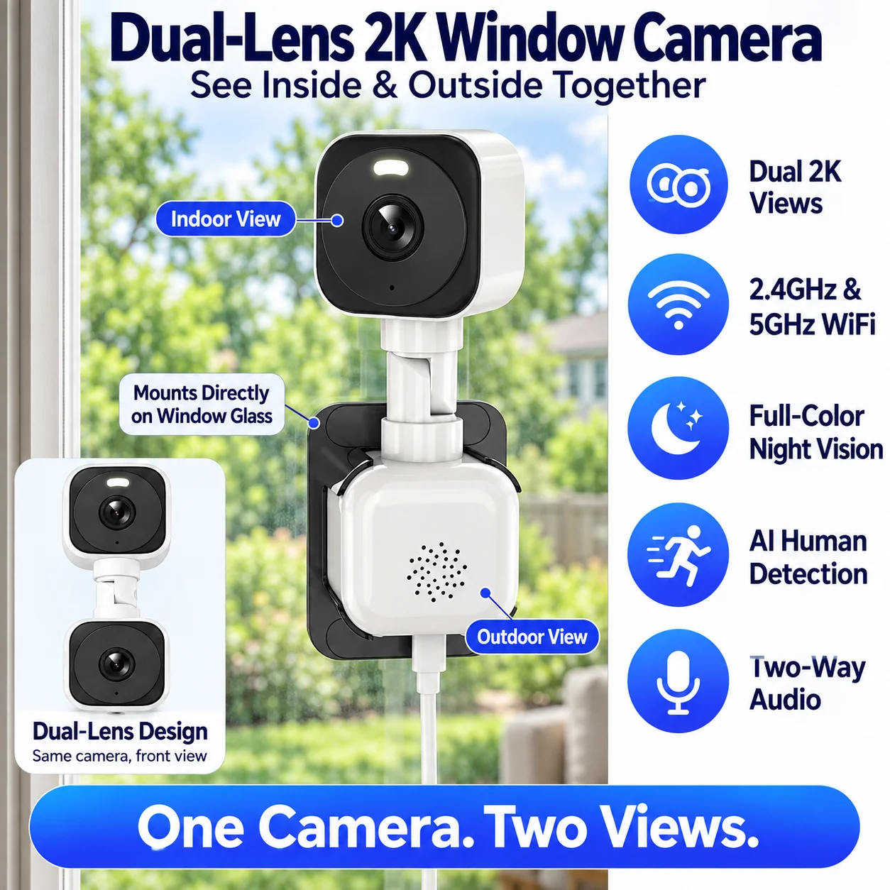 Dual-Lens Window Security Camera Dual 2K Views 2.4GHz/5GHz WiFi Indoor Outdoor Monitoring Color Night Vision Two-Way Audio