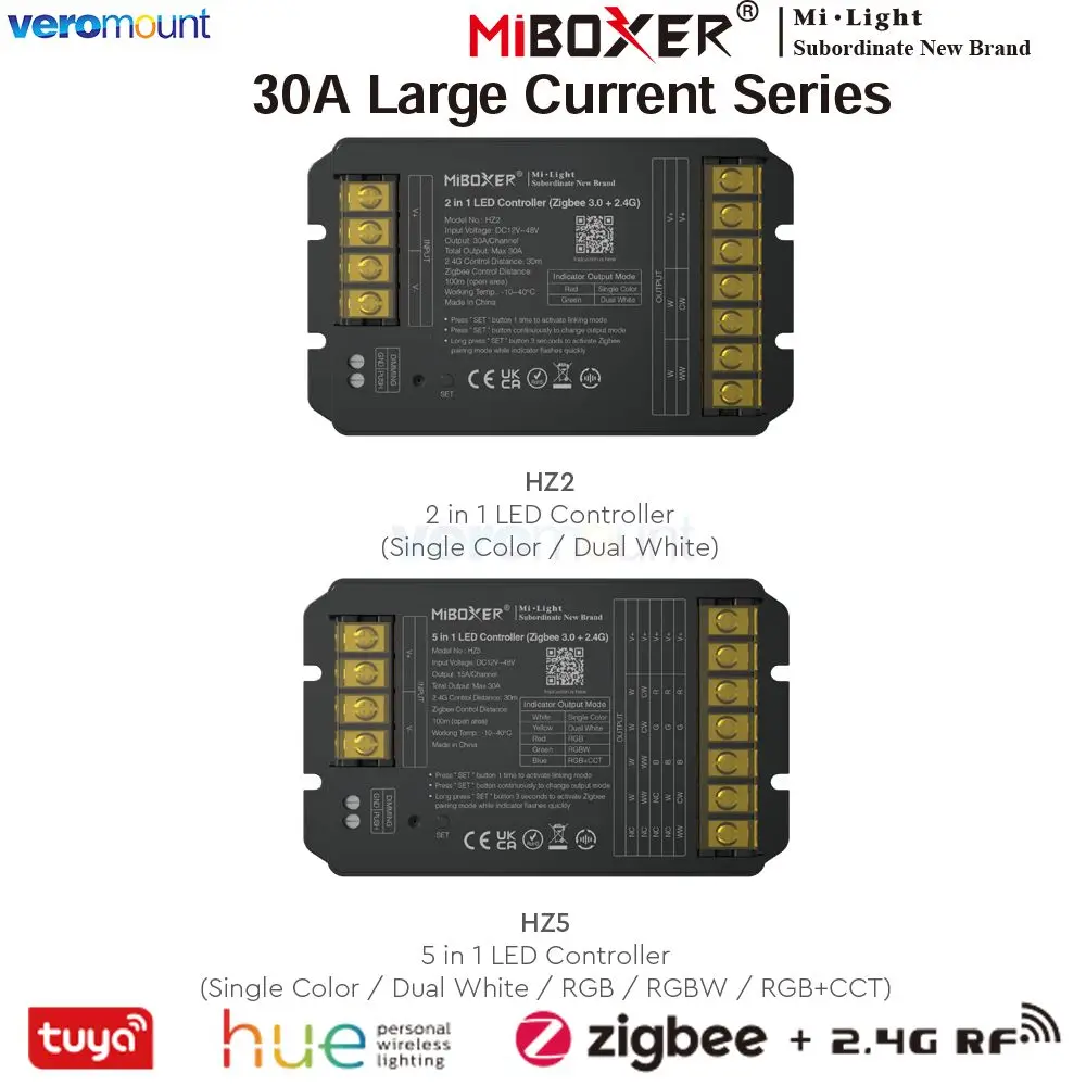 

MiBoxer Zigbee 3.0 2.4G RF LED-контроллер HZ2 2IN1 HZ5 5IN1 Высокоточная 30A одноцветная двойная белая светодиодная лента RGB RGBW RGBCCT