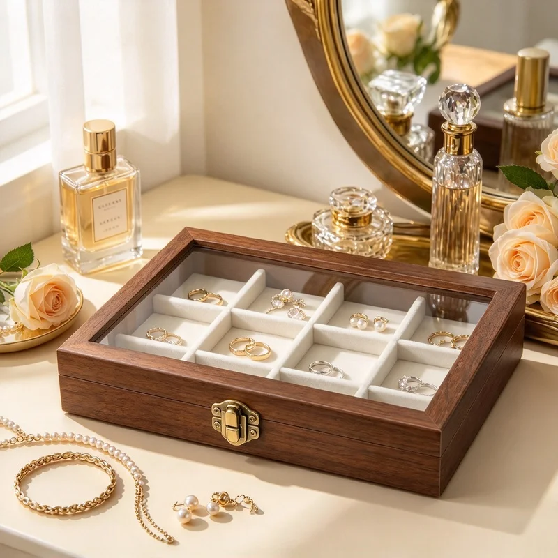 Hard Walnut‑Pattern Jewelry Storage Case, Velvet Lined Interior, Neat Desktop Organizer for Rings, Earrings and Necklaces