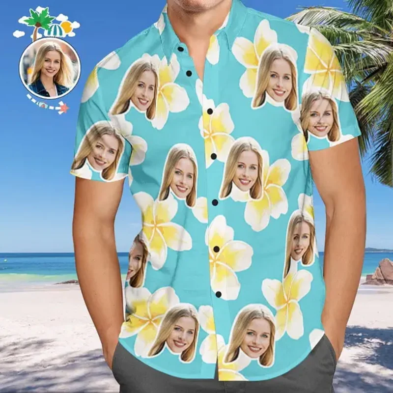 

Custom Face Photo Hawaiian Shirts For Men Summer Short Sleeve Button Beach Shirts Blouse Diy Photo Party Aloha Shirt