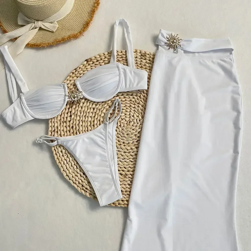 جديد ملابس السباحة للنساء ملابس السباحة 3 صور مجموعة بيكيني تنورة طويلة ملابس السباحة الإناث الاستحمام الصيف الشاطئ ثوب السباحة بحر Biquini