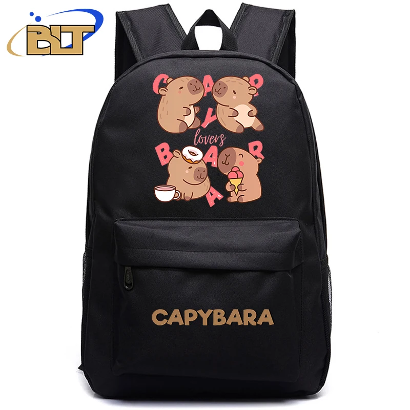 Bonito Animal Capivara Imprimir Mochila Preta, Adolescente Estudante Schoolbag, Meninos e Meninas Presente