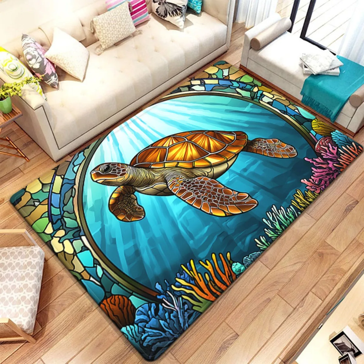 

Sea turtle stained glass rug ocean underwater coral reef design marine life carpet for beach house living room decor