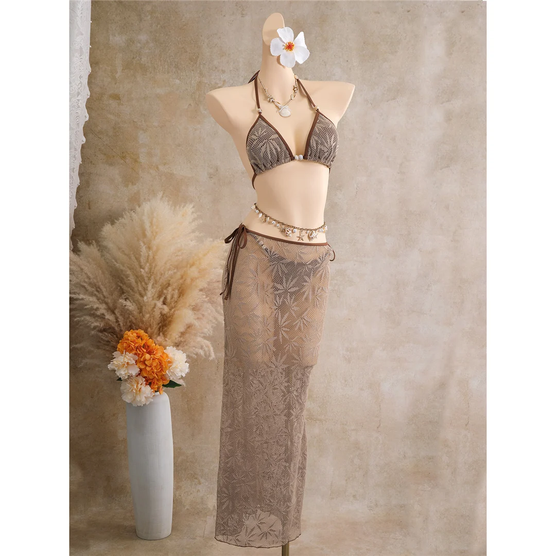 Mit Rockblättern bedruckter Neckholder-Bikini, Damen-Badeanzug, dreiteiliges Bikini-Set, Badebekleidung, Badeanzug, Schwimmbekleidung V8419 – Detail 11