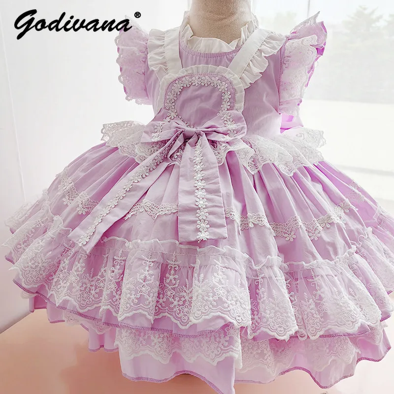 Sweet Baby Girls Purple Lolita Princess Dress Kids High End Heavy Floral Embroidery Feifei Sleeve Lace Trim Cute Bow Ball Gown