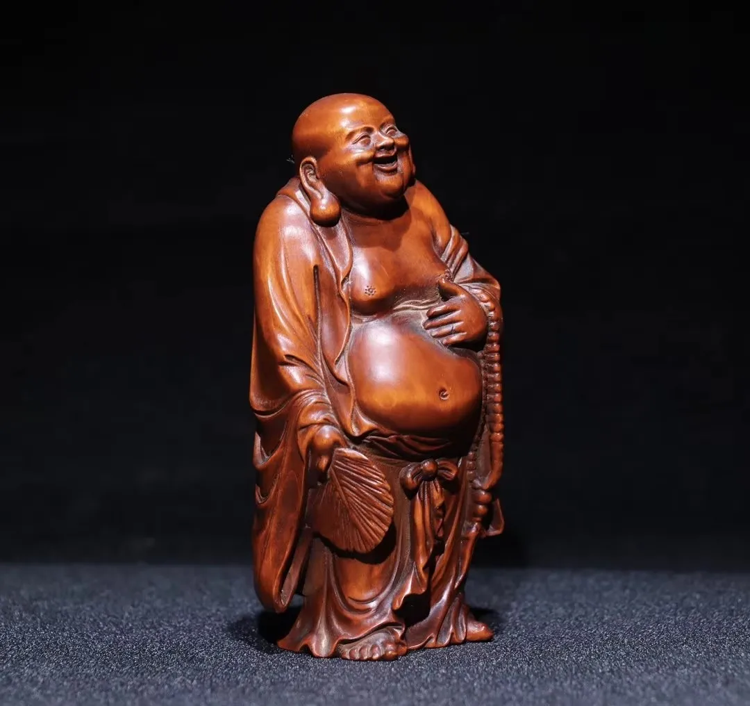 Natural Solid Wood Laughing Buddha Station Maitreya Buddha Statue Sculpture Handmade Wood Carving Buddha Statue Decoration Statu view 6
