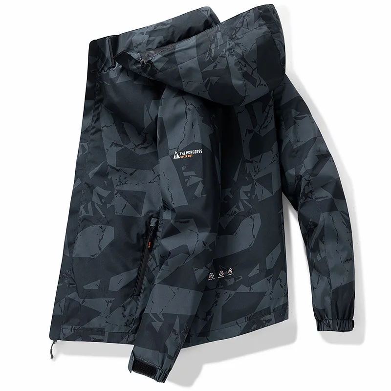 Men Hooded Jacket Hooded Full Sleeve Stand Neck Windbreaker Zipper Hiking Camouflage Print Cargo Pockets Casual Work Outerwear