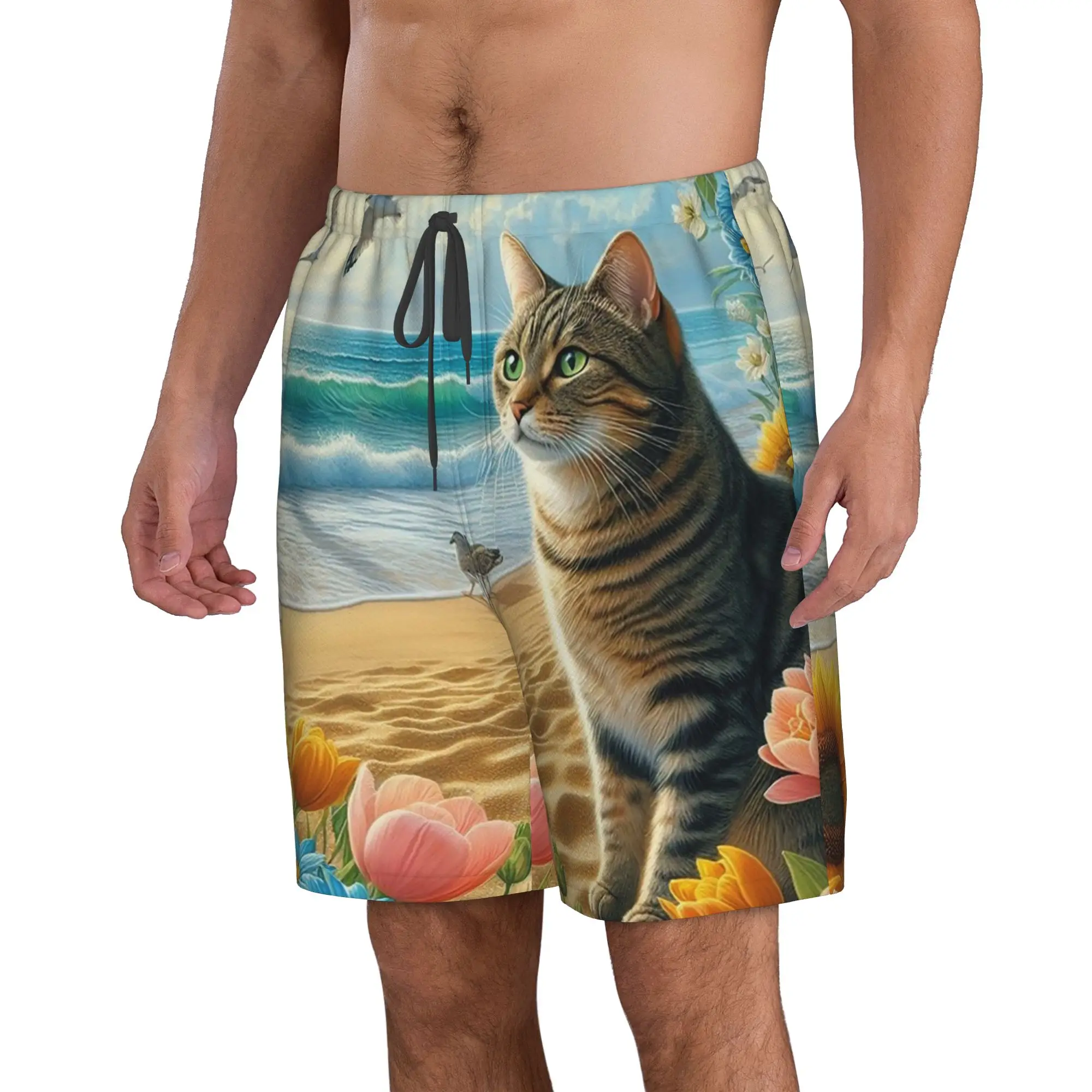 Artistic Cat on Beach Trunks Beach Board Shorts Casual Quick Dry Swim Summer Men Pants