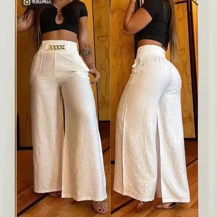 2024 Summer High Waist Pants Women Solid Cotton Linen Loose Elegant Wide Leg Boot Cut Pants New  Ladies Straight Trousers