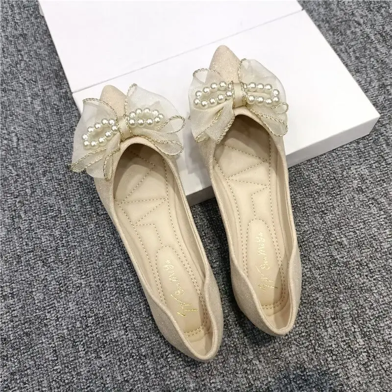 Women\'s Summer Footwear Pointed Toe Shoes for Woman 2024 Flat with Bow Wedding Bride Shoe Flats Pearl Young on Offer Spring A 39