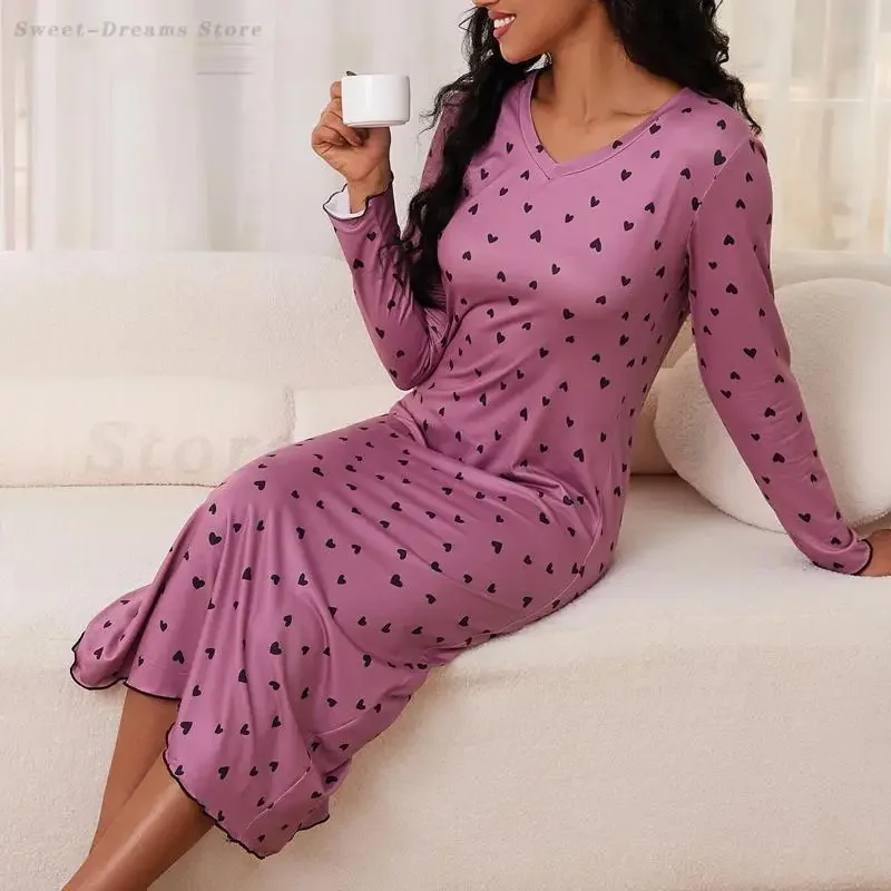 

Женская ночная рубашка с длинным рукавом, домашний халат, длинная ночная рубашка с принтом «Любовь», розовая сорочка, одежда для сна, свободная повседневная одежда для отдыха