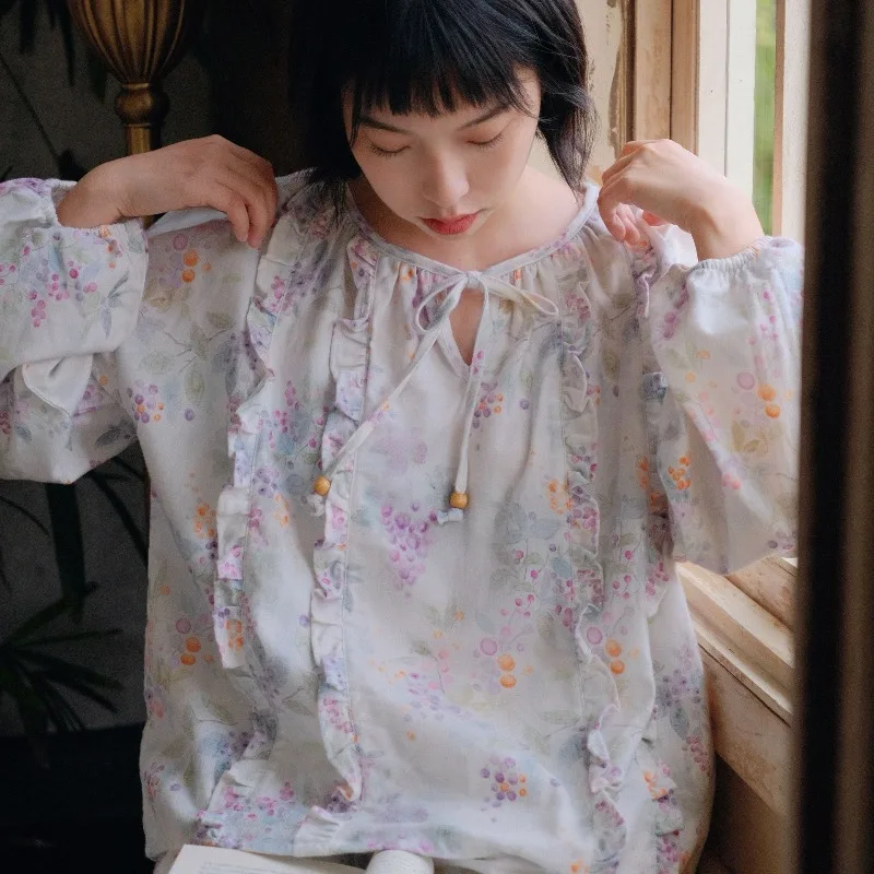 

100% Cotton Gauze Pajamas Women Soft Breathable Sleepwear Set with Ruffles Vintage Lavender Floral Print 2 Piece Homewear