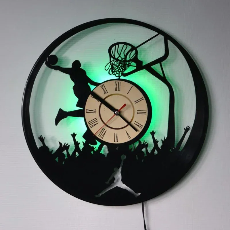 Basketball Wall Clock LED Remote Control Light Basketball Player Basketball Wall Decoration Home Record Vinyl Clock Dunk Gift