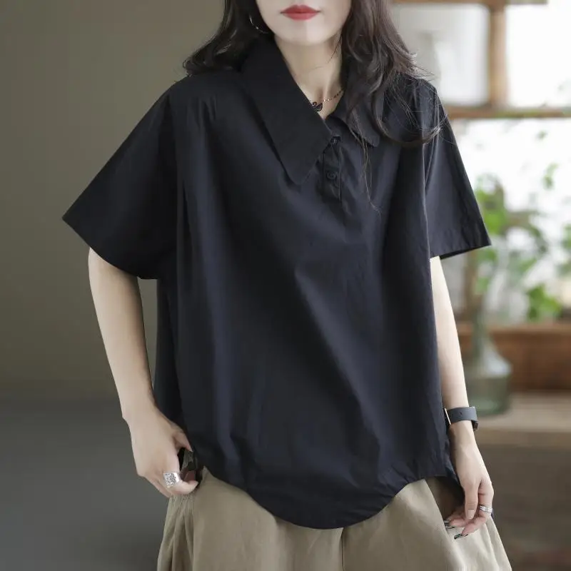 GetSpring Women Shirt 2024 Autumn All Match Short Sleeve White Blouse For Women Simple Loose Casual Long Female Tops New Arrival