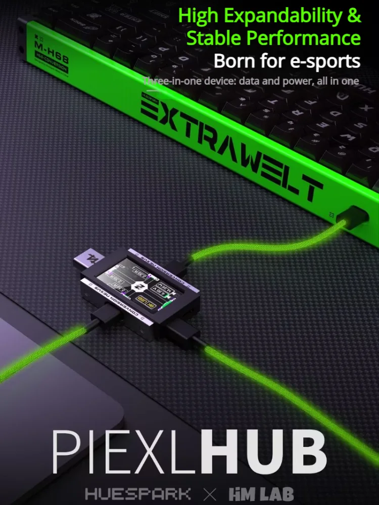 HUESPARK & HMLAB - PIEXLHUB 1-to-3 USB Gaming HUB - Modne ustawienie biurka, stabilne zasilanie 8K, zaprojektowany dla graczy HMLAB HEMU — zdjęcie produktu 6