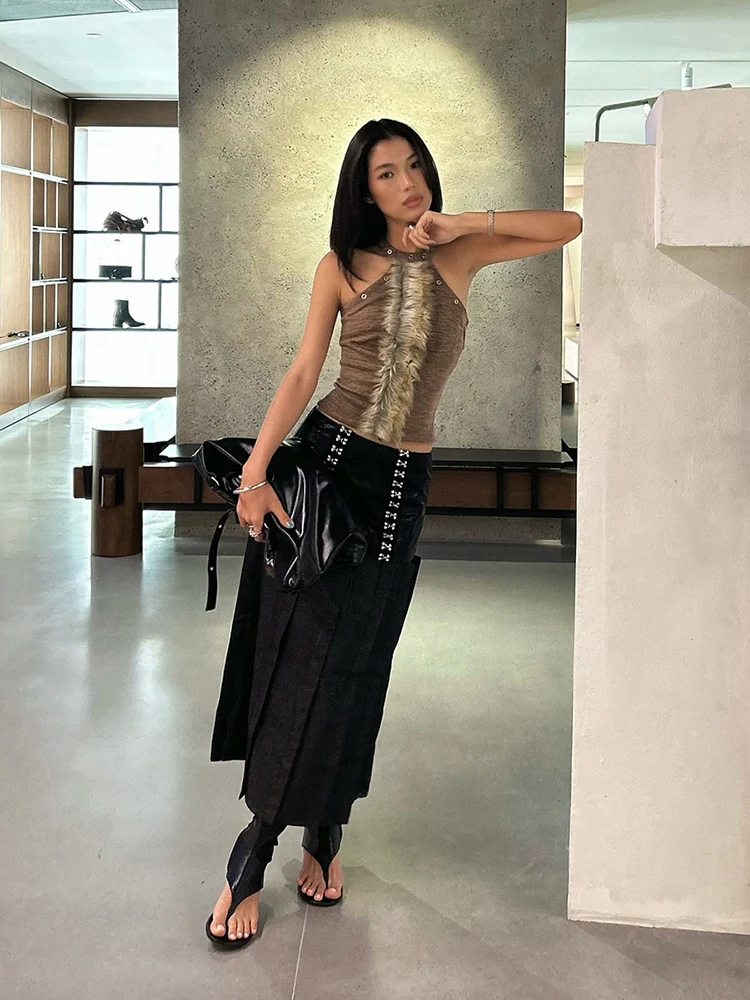 

Sisterlinda сексуальный топ на бретелях для женщин тренд пушистый лоскутный металлический кольцо Холтер без рукавов стрейч узкая уличная одежда шикарный жилет