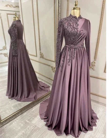 Elegante vestido de noche musulmán de manga larga, apliques con cuentas de satén, vestidos de fiesta formales islámicos, cuello alto, caftán marroquí Abiye