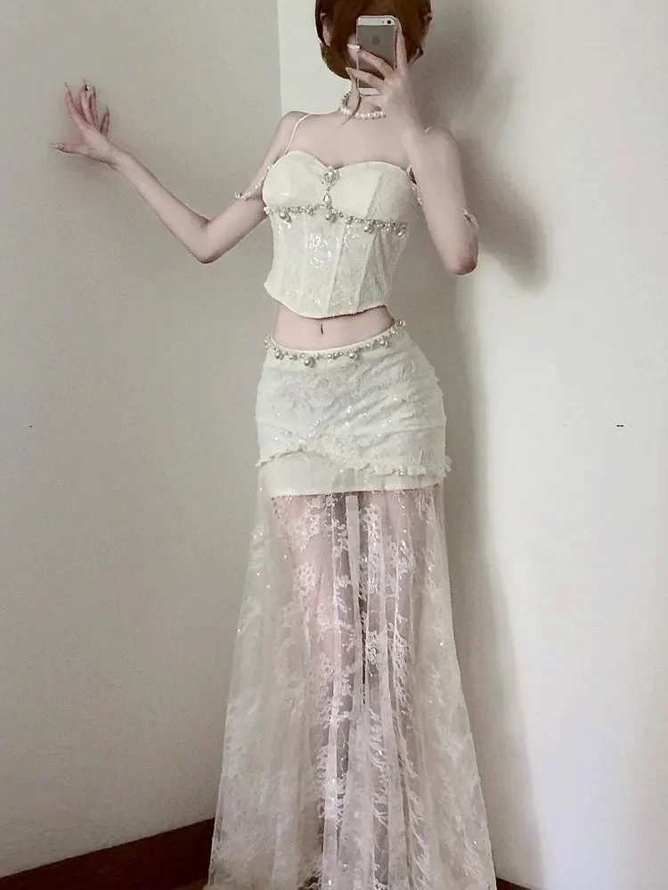 

Women Strap Vest Top, Hip Hugging Mesh Skirt, Summer New Women's Two-piece Set