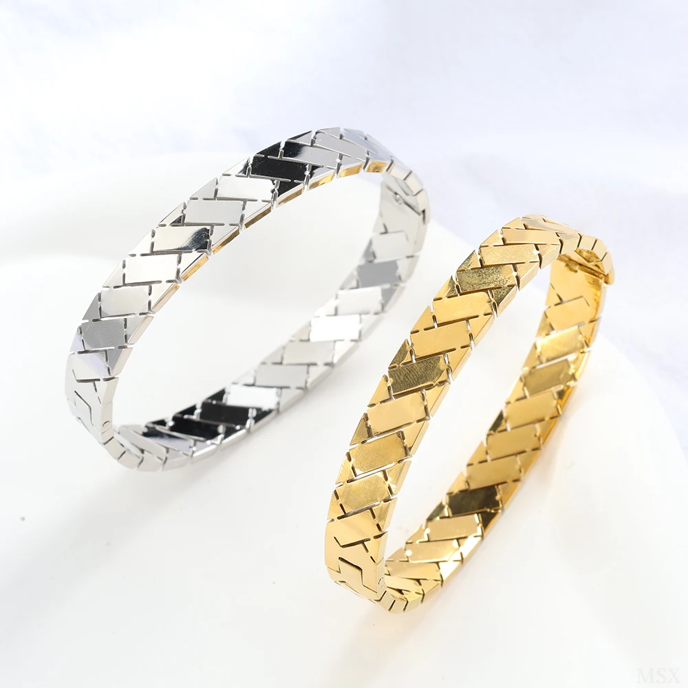 Chunky Wide Stainless Steel Rhombic Bangles For Women Gold Colour Geometric Polygon Woven Embossed Pattern Bracelet Jewelry Gift