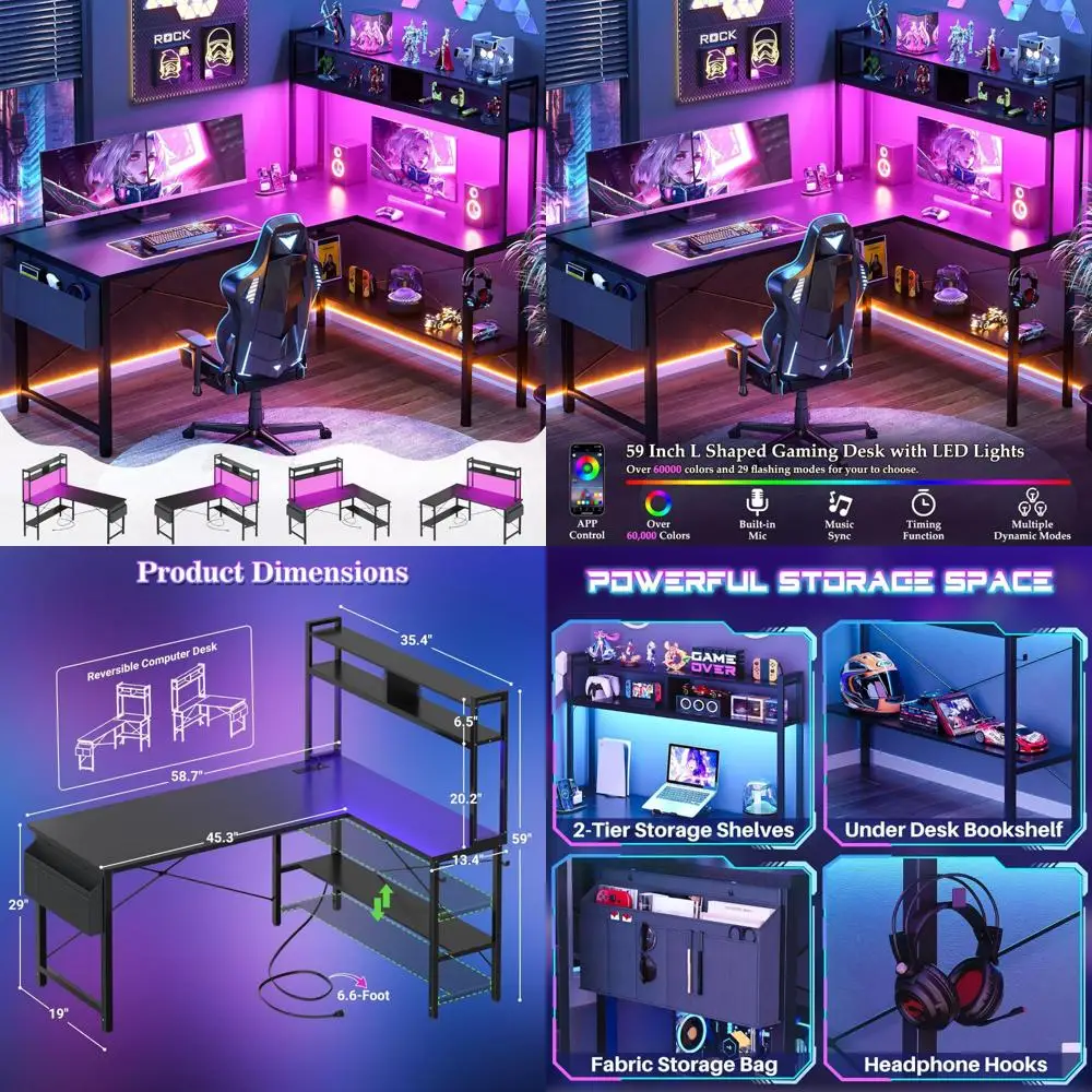 مكتب ألعاب على شكل حرف L بمنفذ طاقة مضاء بإضاءة LED، 59 مكتب كمبيوتر كبير للمكتب المنزلي والألعاب بتصميم قابل للعكس #1