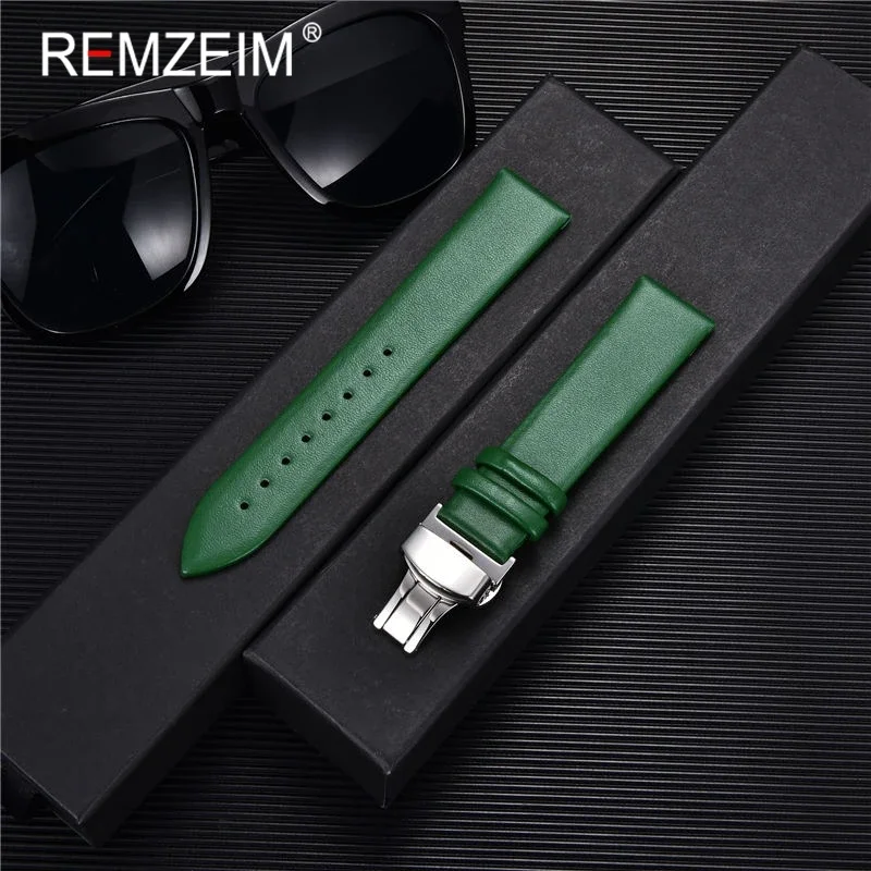 Ultra Thin Leather Strap Watchbands 16mm 18mm 20mm 22mm Watch Strap with Automatic Butterfly Clasp Buckle Bracelets