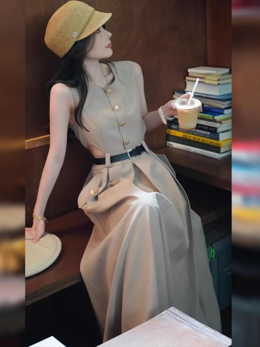 

Новое летнее женское платье-жилет с завышенной талией, А-силуэта, с эффектом утяжки талии, длинное, в корейском стиле, однотонное