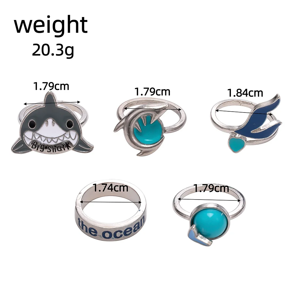 5pcs Rings Set Retro Personalized Turquoise Ocean Shark Seagull Love Drop Oil Ring For Women Cute Jewelry Accessories Party Gift